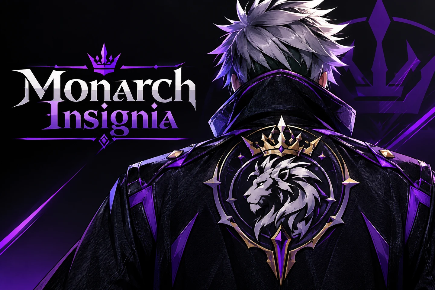Monarch Insignia’s guardian in a black-and-purple jacket with the crowned lion insignia.